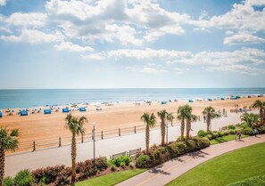 A beach with a paved walkway, palm trees, and beach umbrellas. - Seas the Day! (Virginia Beach)