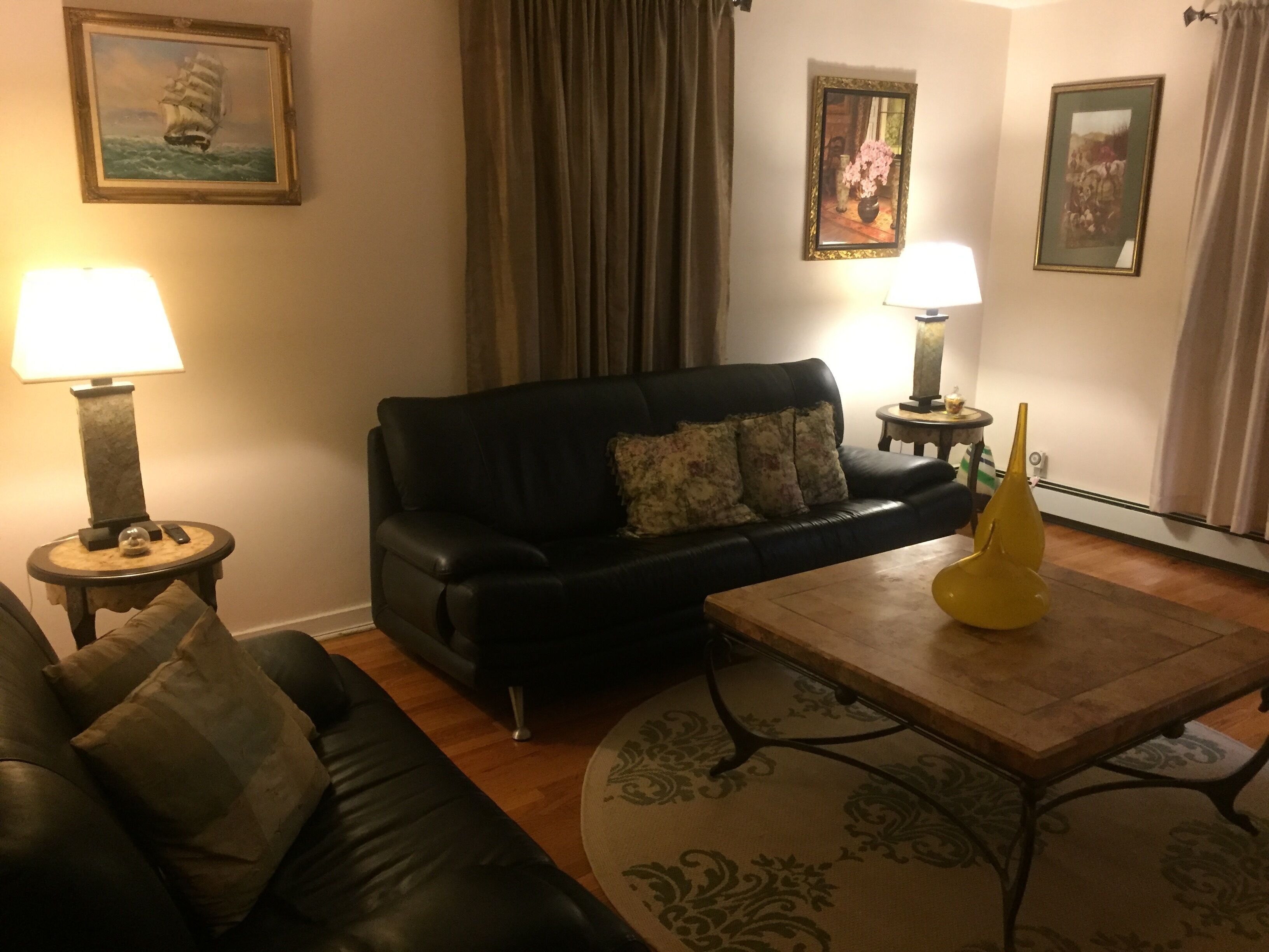 A living room with a black sofa, two lamps, a coffee table, and a patterned rug.
