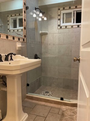 Shower, hair dryer, towels, soap