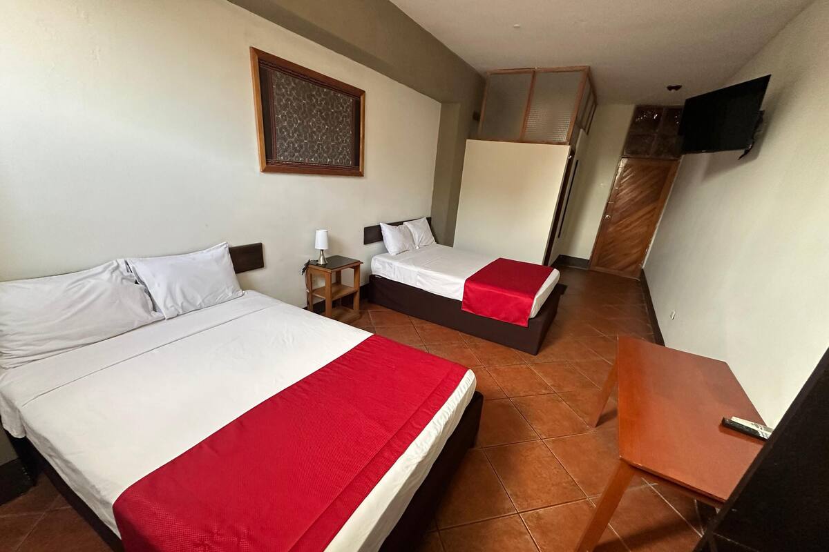 Habitación de hotel con dos camas, una mesita, televisión y un adorno en la pared.