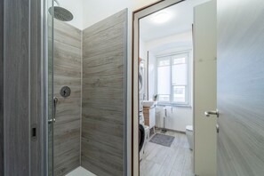 Shower, hair dryer, bidet, towels