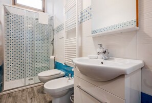 Shower, hair dryer, bidet, towels