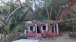 A rustic building with a porch, surrounded by dense foliage and a picnic table in the foreground. - Finca Beach House (Placencia)
