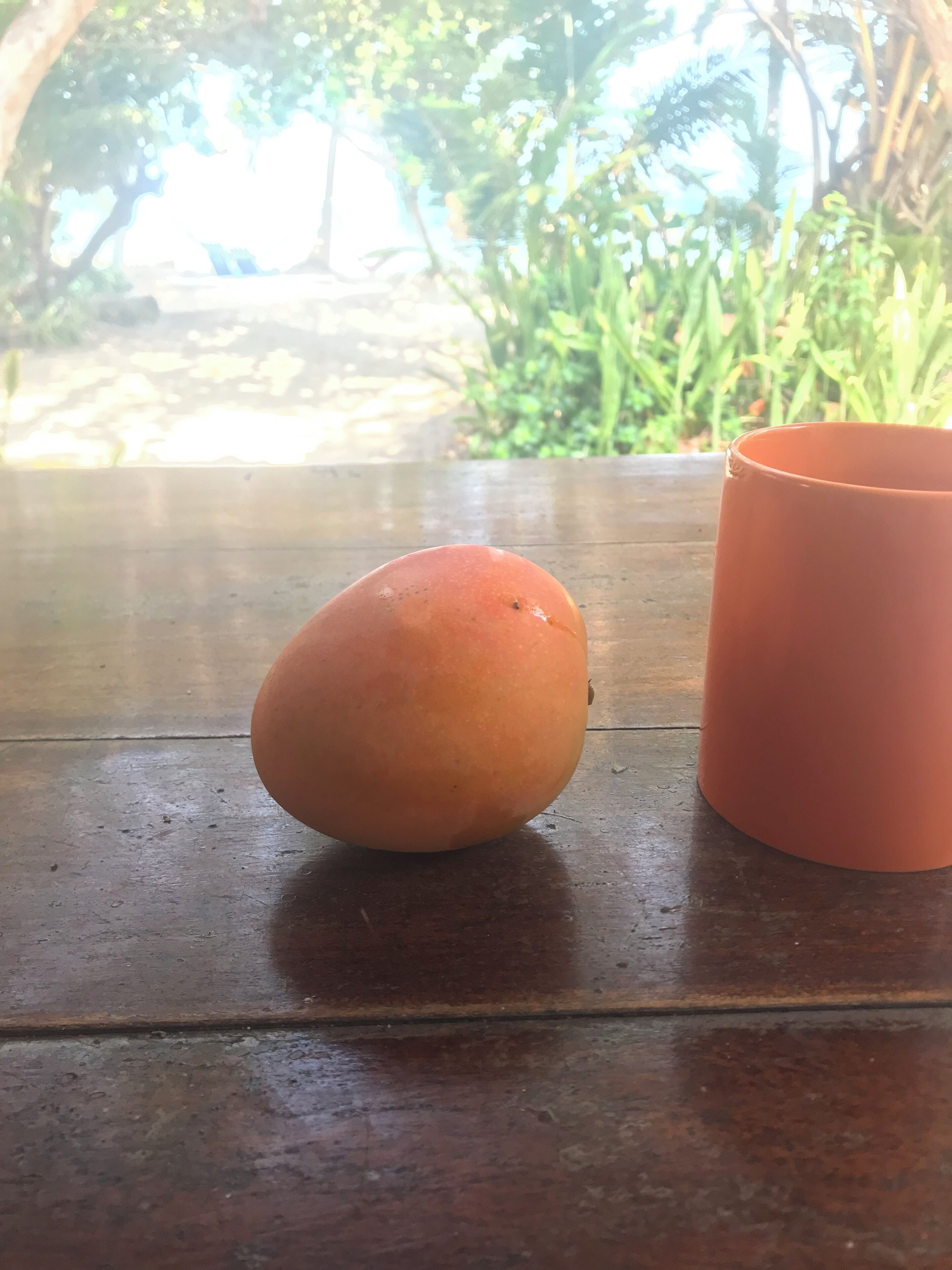 Une table avec un seul fruit orange et une tasse en terre cuite.