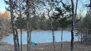 A natural setting with a lake, trees, and a blue canoe. - Peaceful cabin retreat to enjoy all the quiet & beauty nature has to offer. (Mansfield)