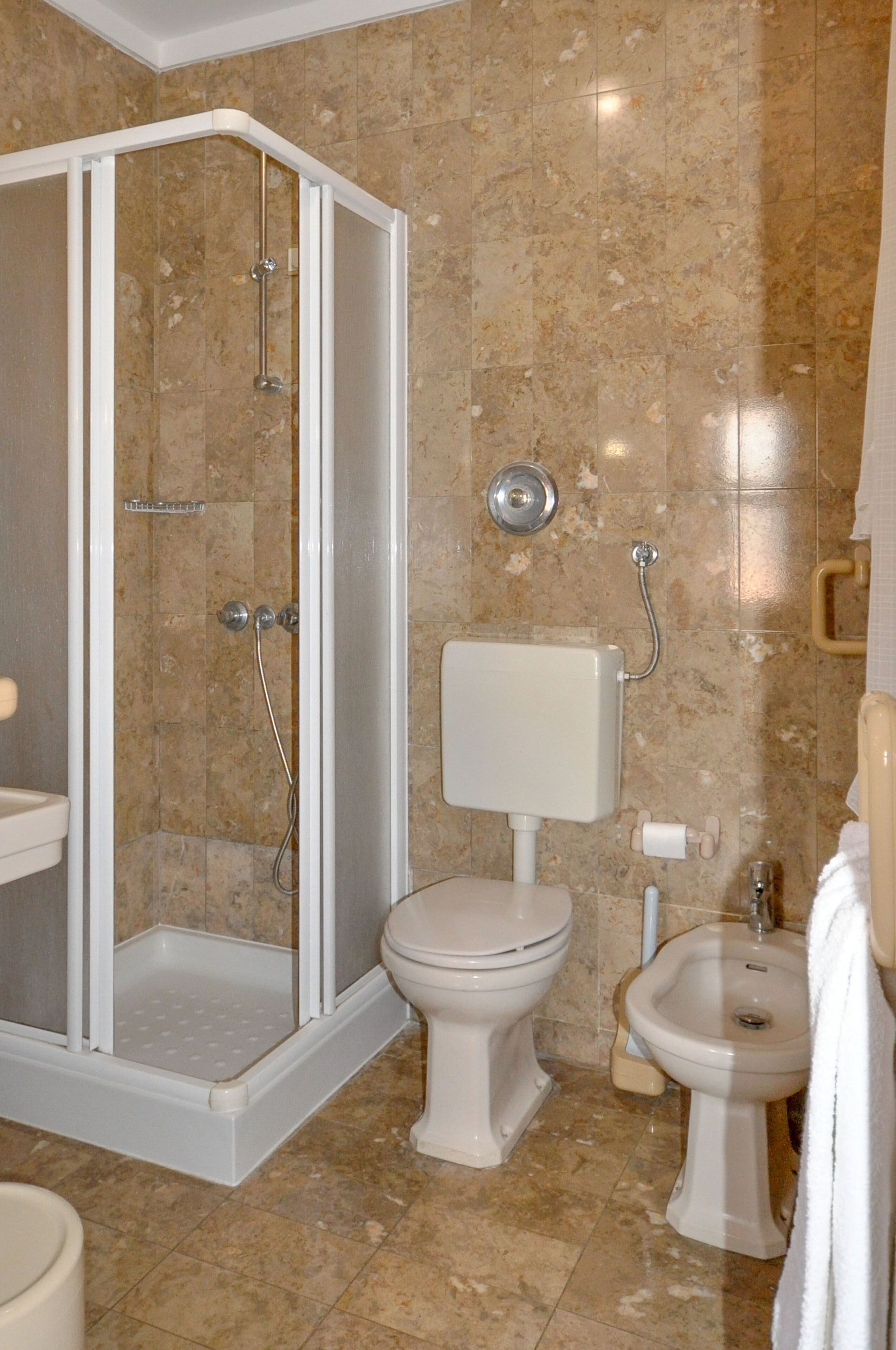 A bathroom with a shower, toilet, bidet, and sink.