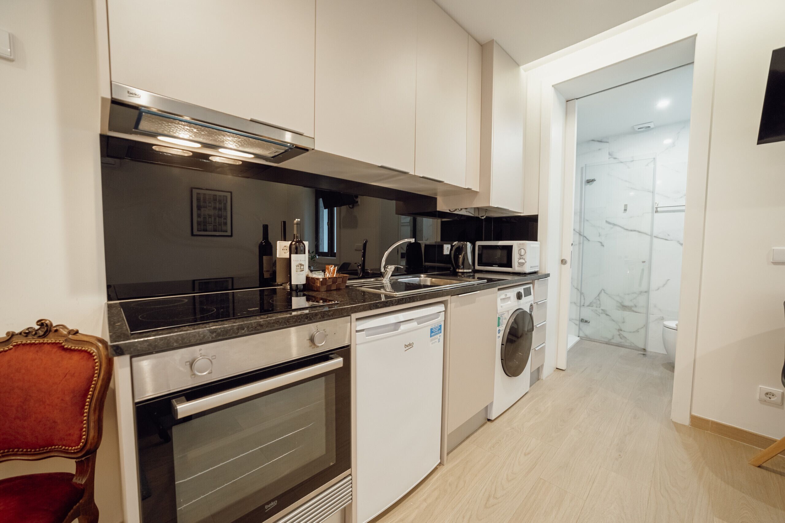 Fridge, microwave, oven, electric kettle