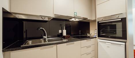 Fridge, microwave, oven, dishwasher