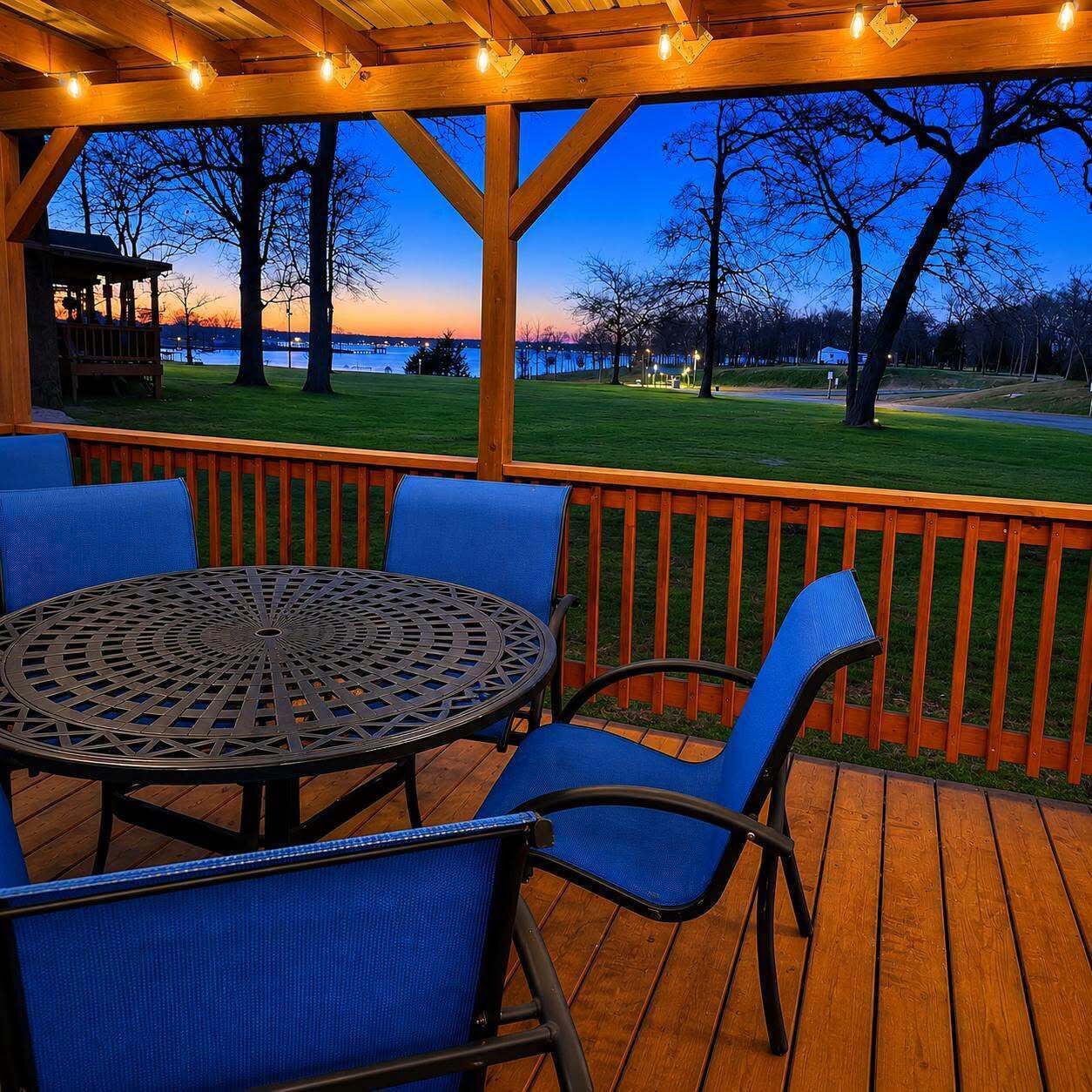 Een terras buiten met een ronde metalen tafel en blauwe stoelen, met uitzicht op een gazon met bomen en een wateroppervlak.