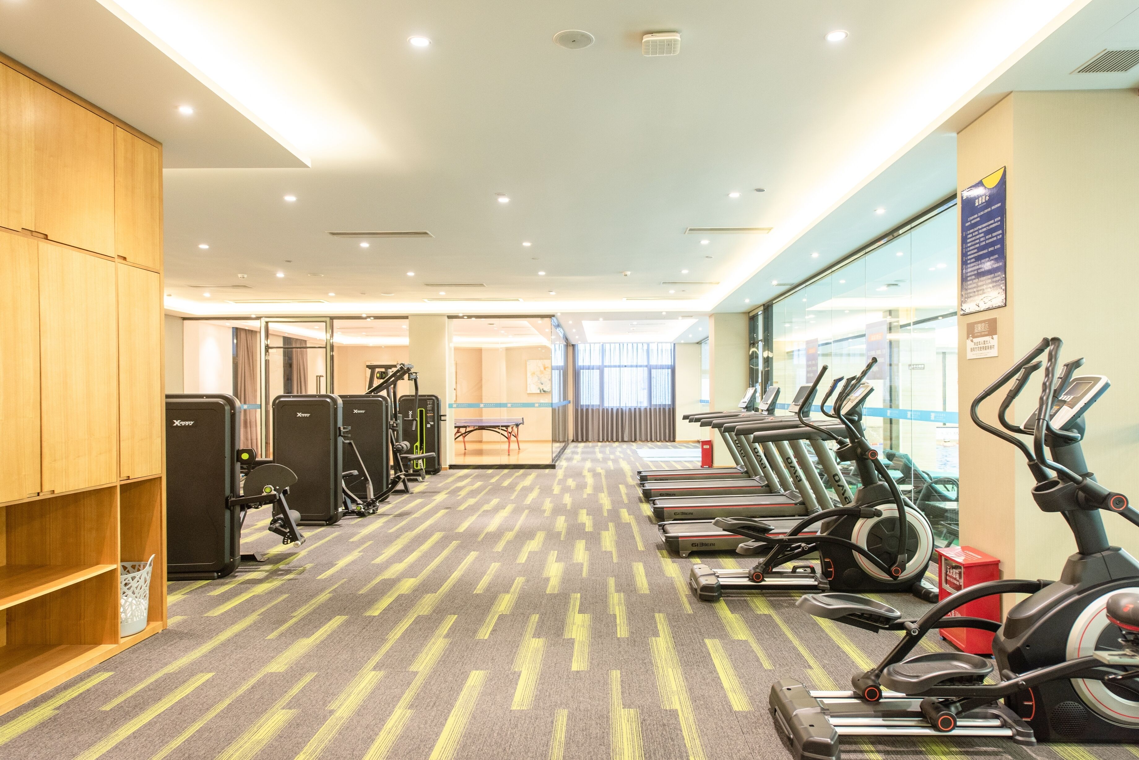 Un gimnasio con equipo de ejercicio, una alfombra estampada y un armario de madera.