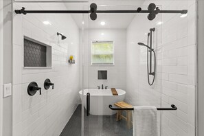 Hair dryer, towels, soap, shampoo