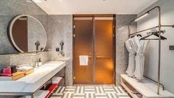 Shower, hair dryer, bathrobes, slippers