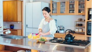 Fridge, microwave, cookware/dishes/utensils