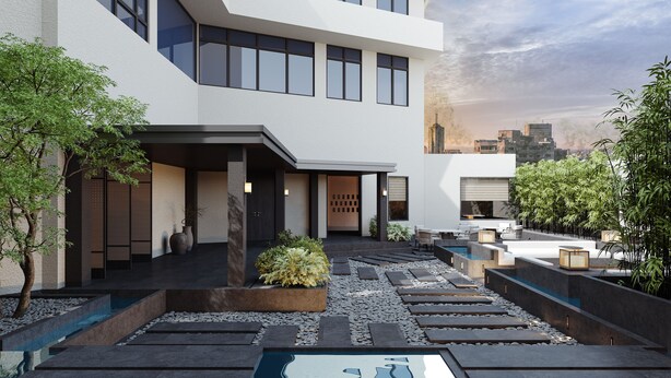 Un edificio moderno con un patio que cuenta con una piscina, zonas de estar y una gran variedad de plantas.