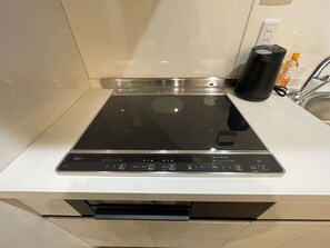 Fridge, microwave, stovetop, cookware/dishes/utensils