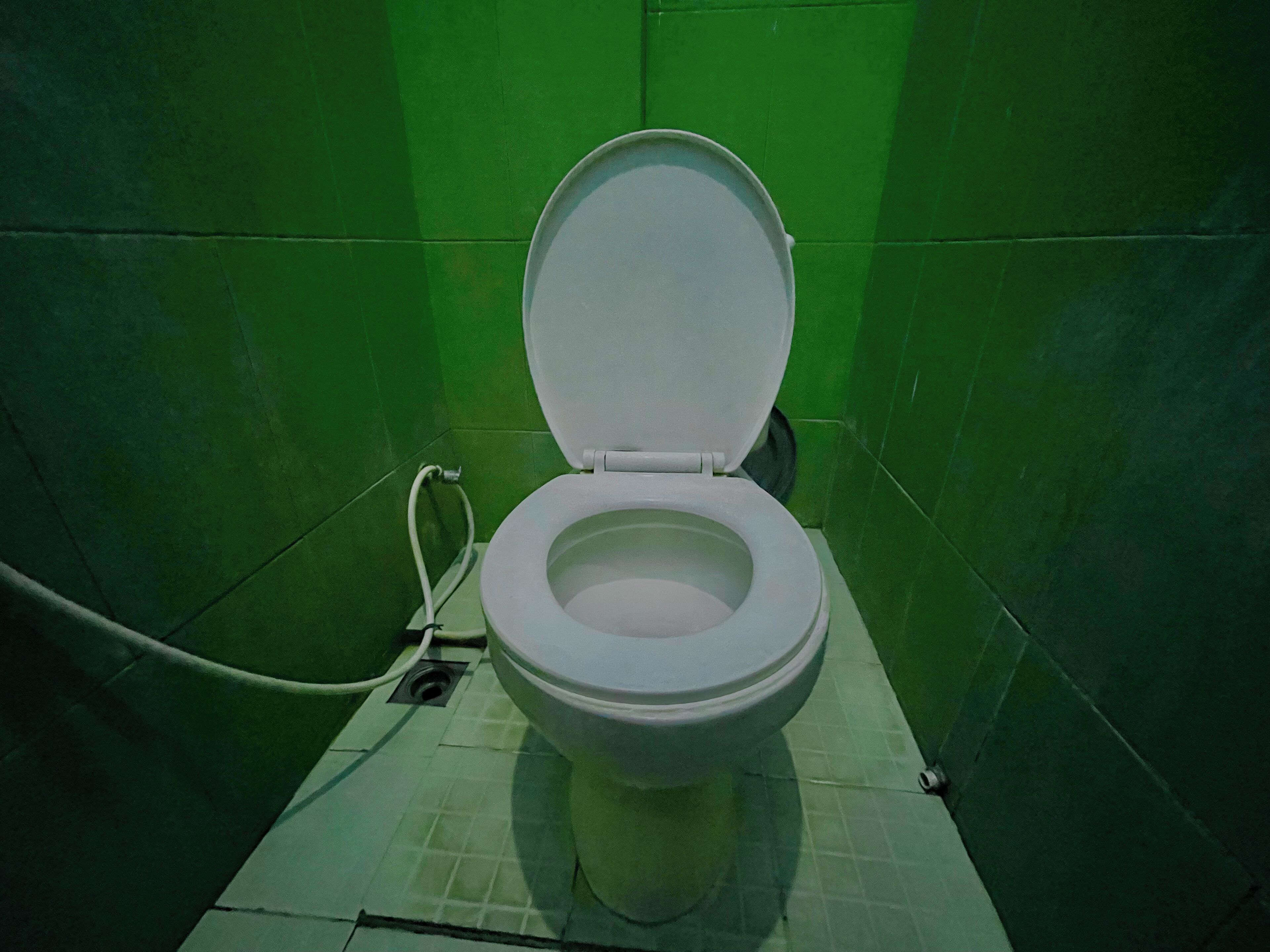 Een toilet in een kamer met groene wanden en een zichtbare leidingaansluiting.