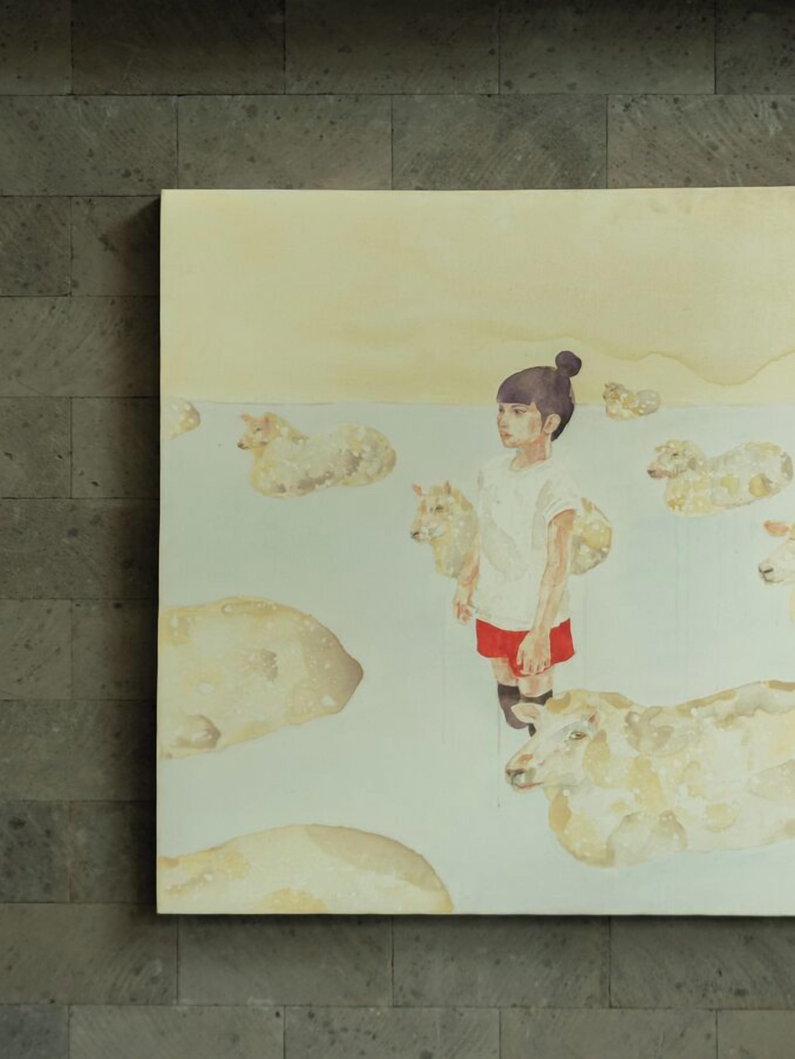 A painting of a person standing among sheep on a wall.