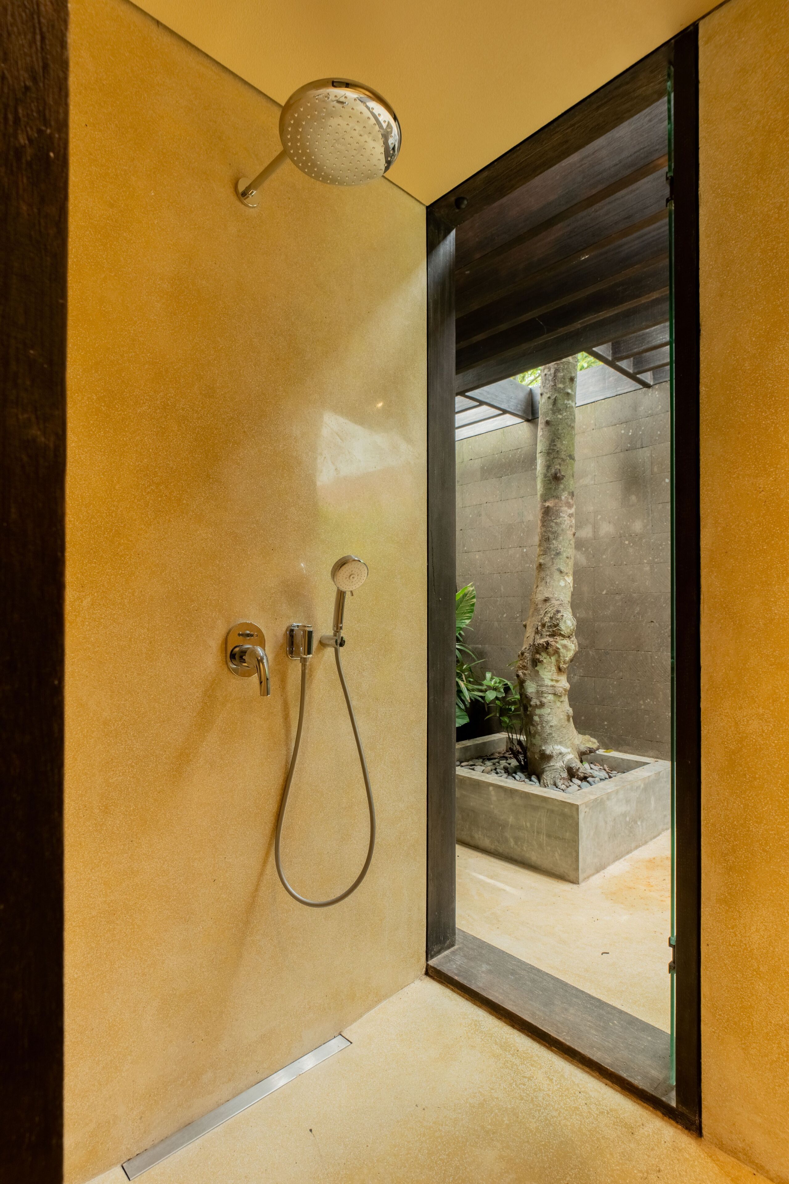 Une douche équipée d’un pommeau de douche à main et d’un robinet mural, un bac à fleurs en béton avec un arbre, et une vue sur un espace extérieur par le biais d’une porte.