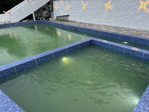 A swimming pool with blue-tiled edges and a stone wall with butterfly designs.