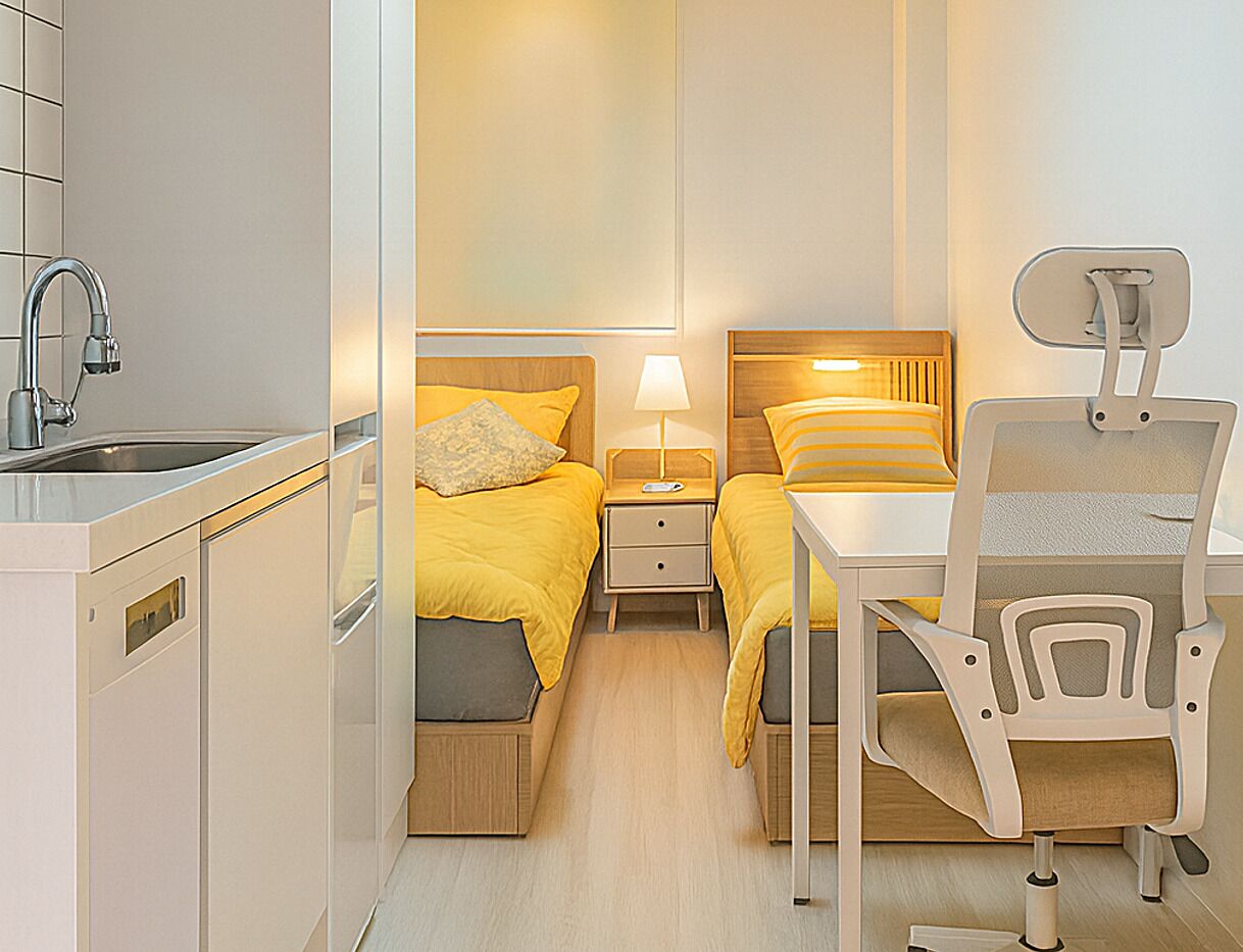 Hypo-allergenic bedding, desk, laptop workspace, soundproofing