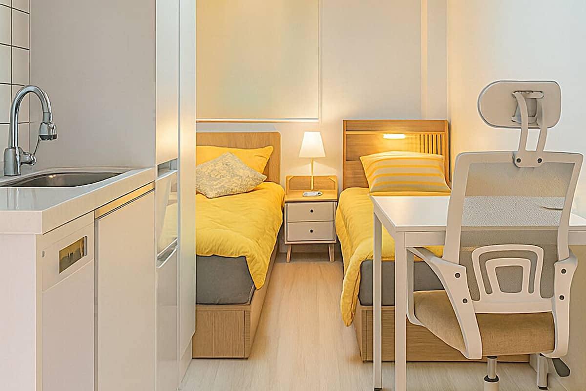 Phòng 2 giường đơn cơ bản, quang cảnh thành phố | Bộ đồ giường kháng dị ứng, bàn, khu vực làm việc phù hợp cho laptop