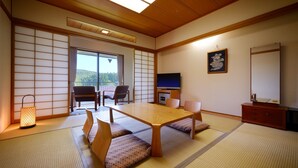 A traditional Japanese room with tatami flooring, a low table, cushioned seating, a television, and a sliding door leading to a balcony. - Hotel Tetora Resort Sendai Iwanuma (Iwanuma)