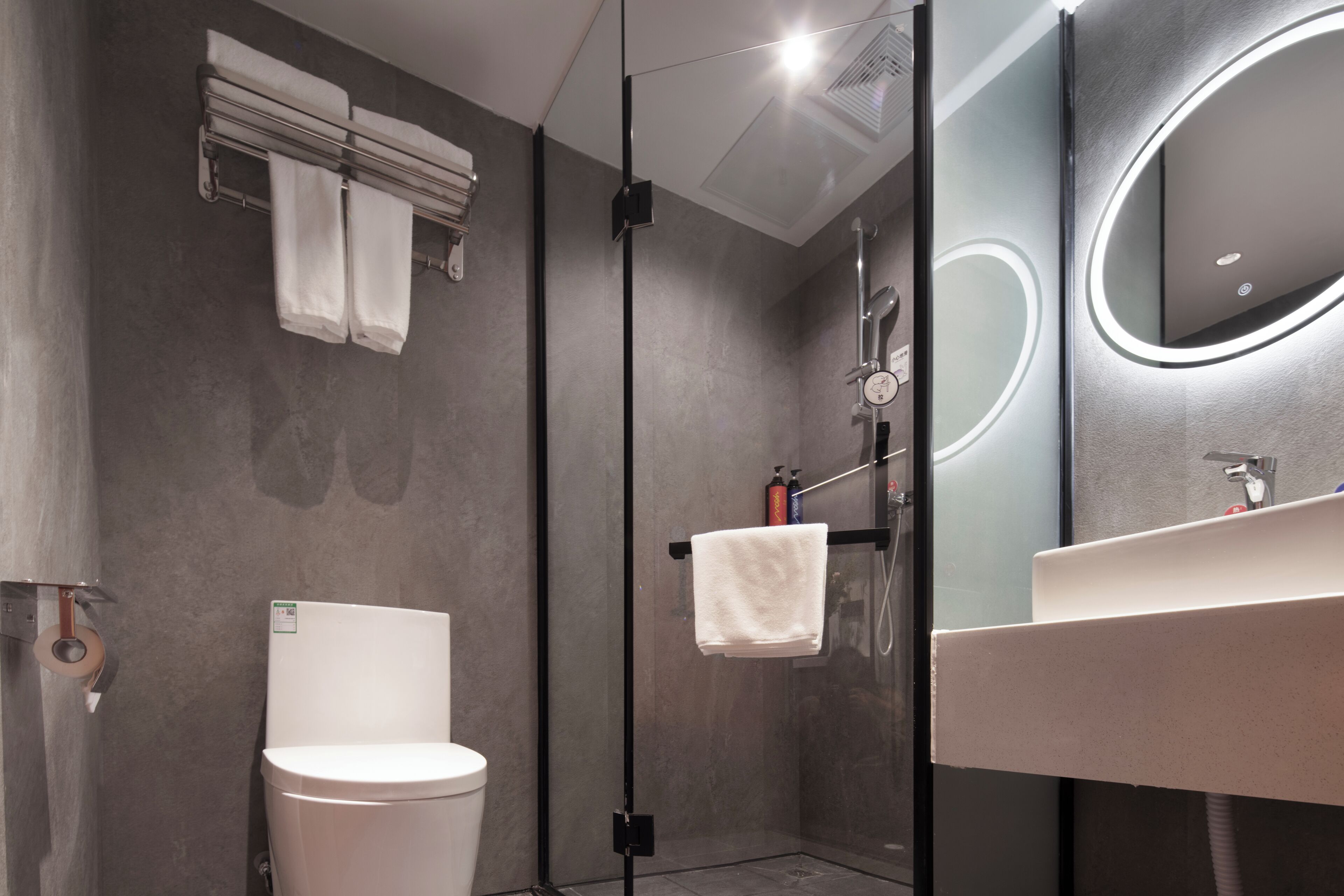 A modern bathroom with a toilet, a glass-enclosed shower, a sink, and a mirror.