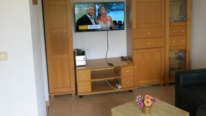 A living room with a TV, wooden cabinets, a small table with a vase, and a remote control. - Holiday Home 'Seeblick' with Lake View, Private Terrace and Private Garden (Leezen)