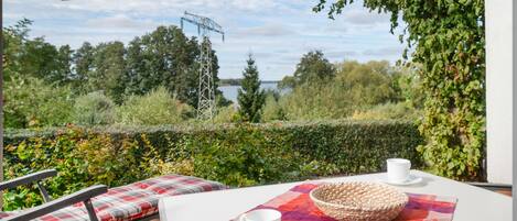 An outdoor seating area with a table, chairs, and a view of a lake and trees.