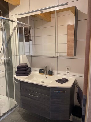 Shower, hair dryer, towels