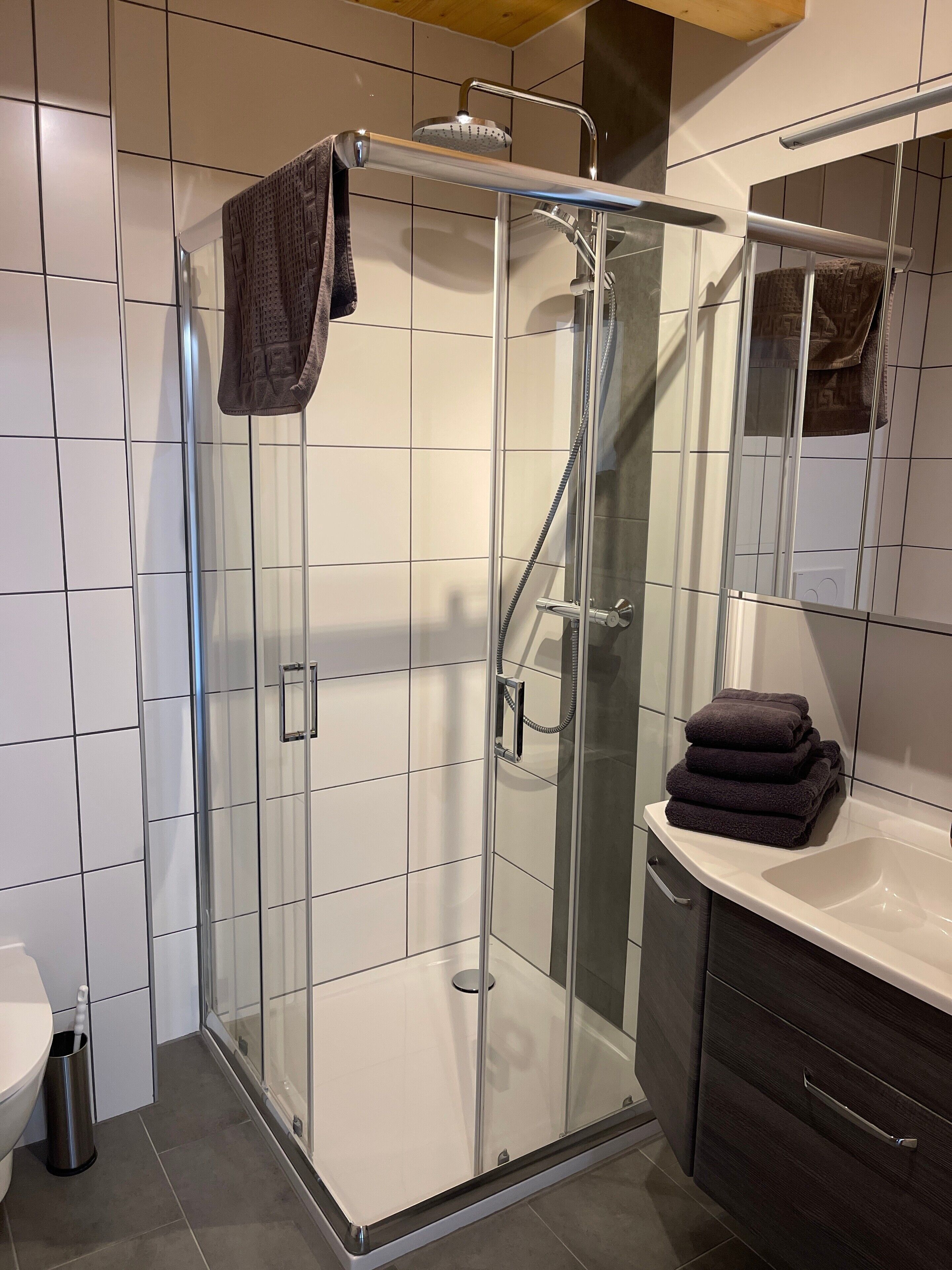 A modern bathroom with a glass-enclosed shower, a white sink, and a dark-toned vanity.