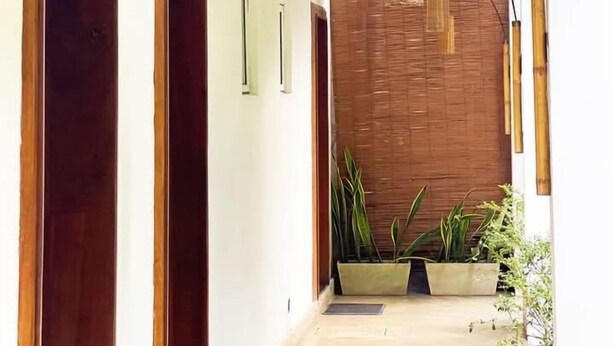 A hallway with wooden doors, a woven wall partition, and potted plants.