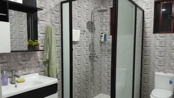 Shower, towels, soap, toilet paper