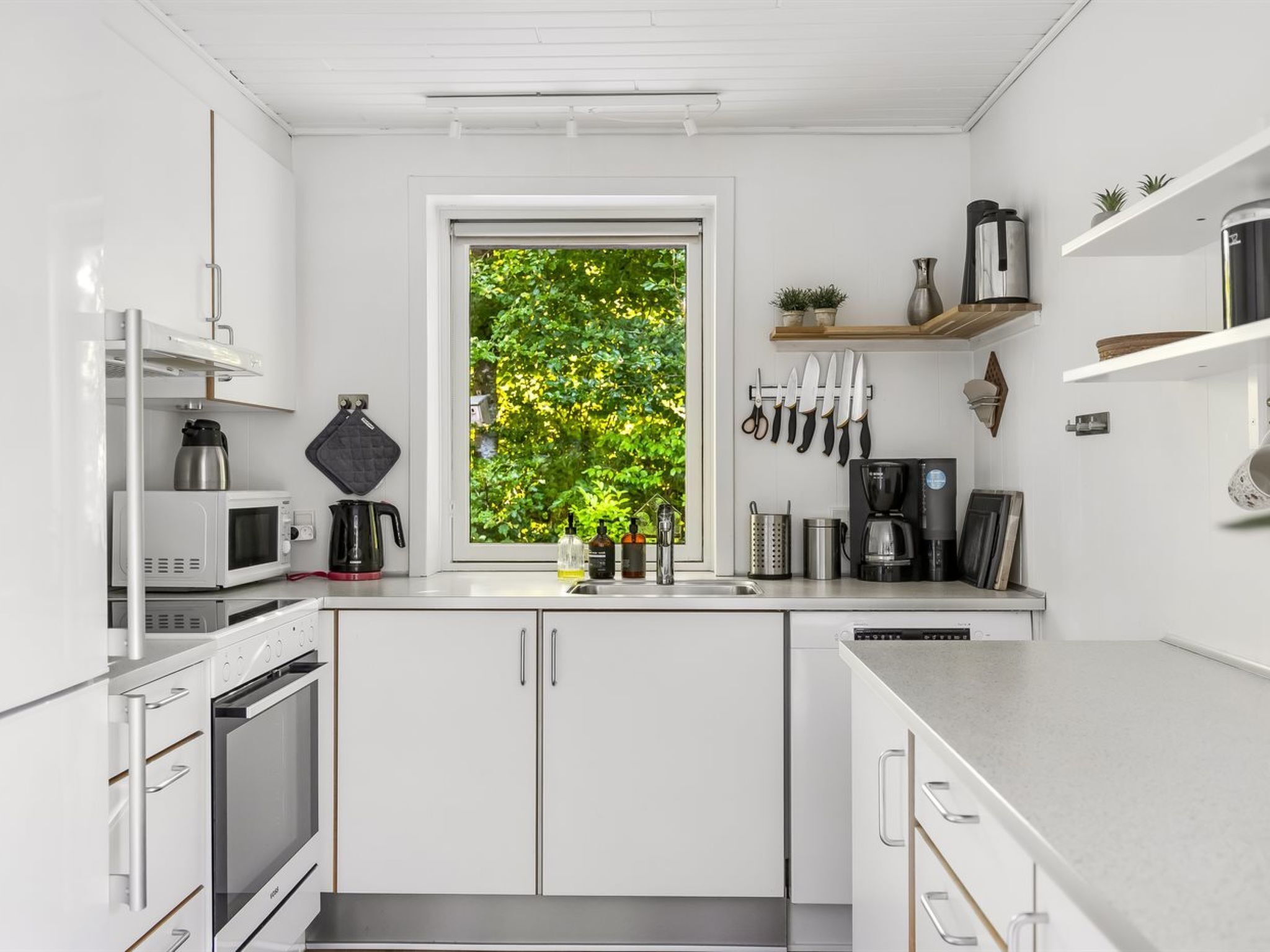 A modern kitchen with white cabinetry, a window with a view of greenery, and various appliances.