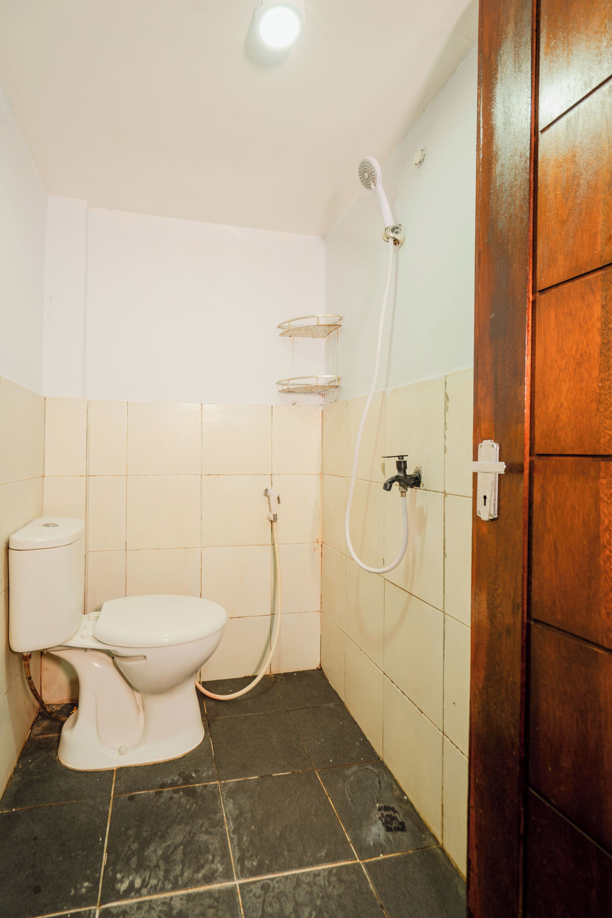A small bathroom with a toilet, a shower, and a wooden door.
