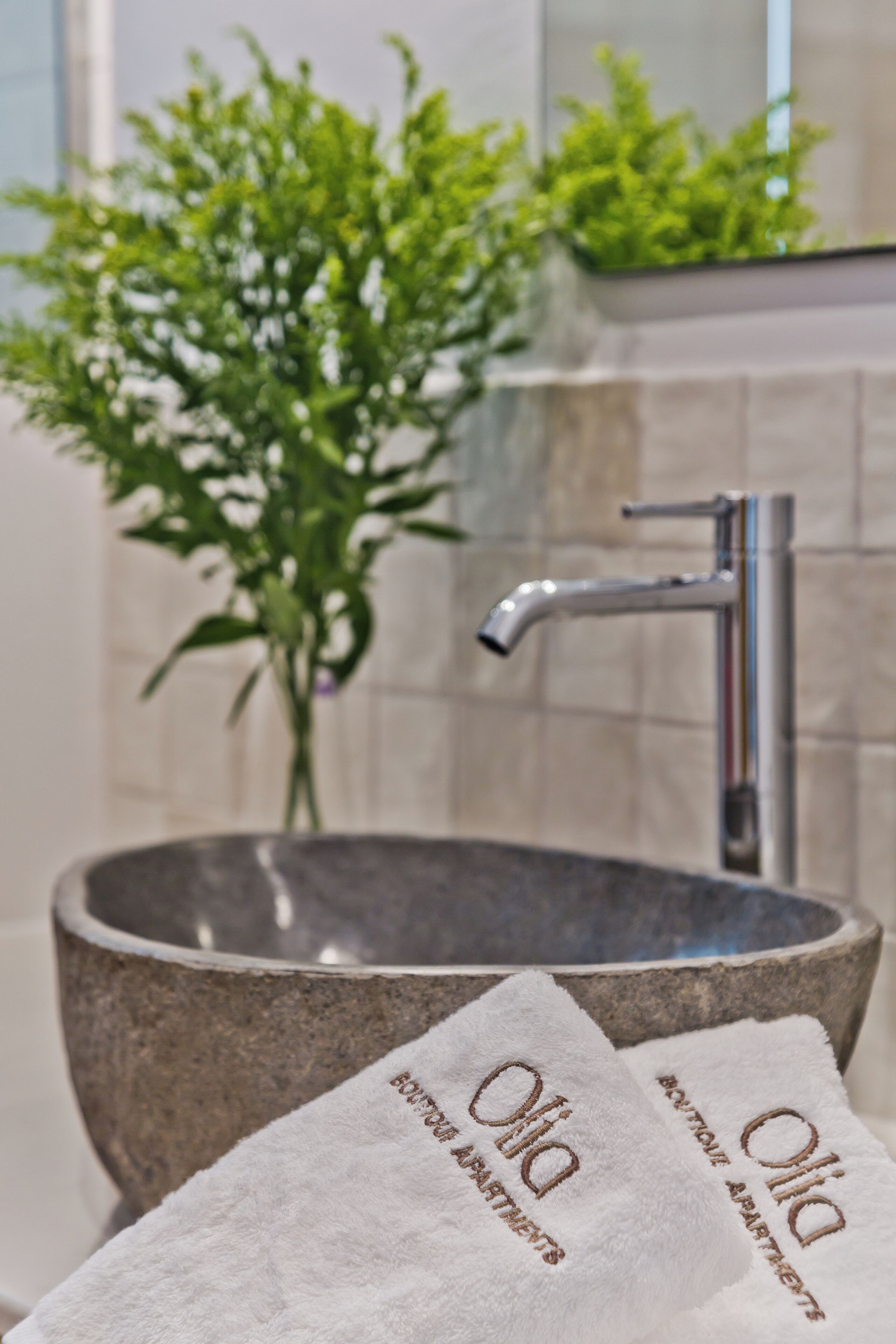 A bathroom with a stone sink, a modern faucet, and a potted plant.
