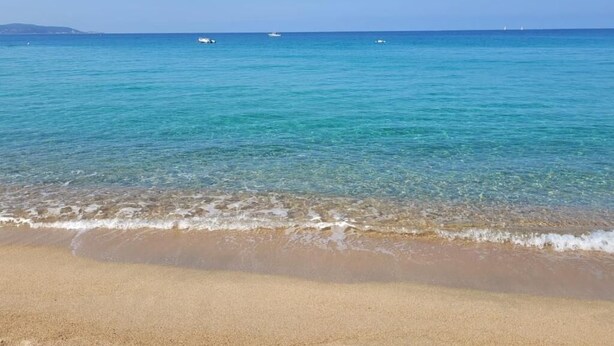 A beach with clear turquoise water and a sandy shore.