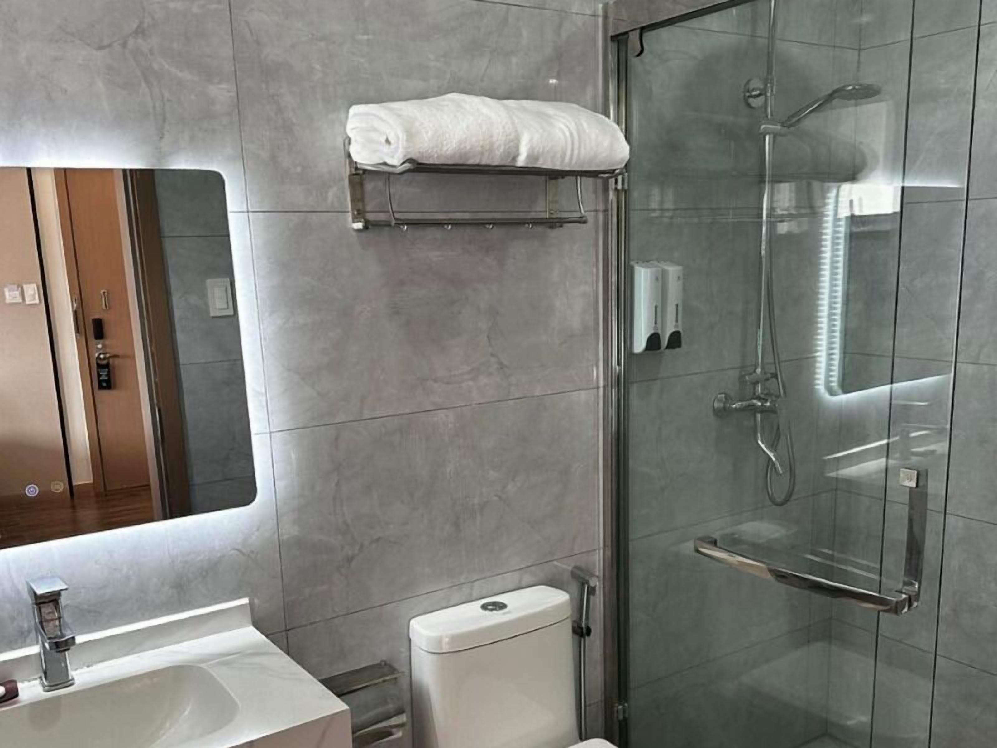 A modern bathroom with a glass shower enclosure, a toilet, and a sink with a mirror above it.