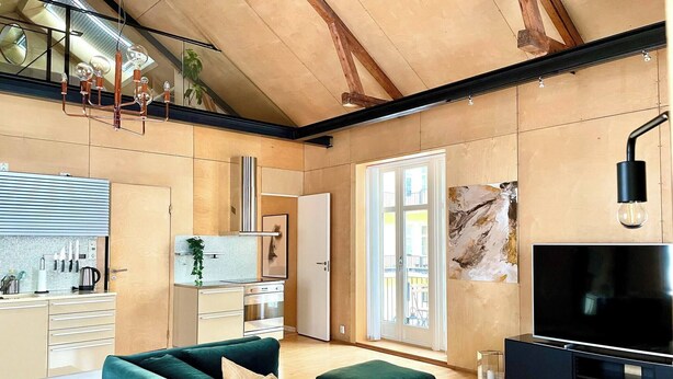 A modern living room with a green sofa, a TV, and a kitchen area with a white stove and cabinets. - Unique Design House in Downtown Oslo (Oslo)