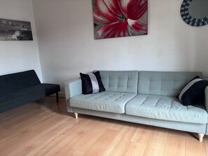 A living room with a grey sofa, two black and white pillows, a wooden floor, and a large red flower painting on the wall.
