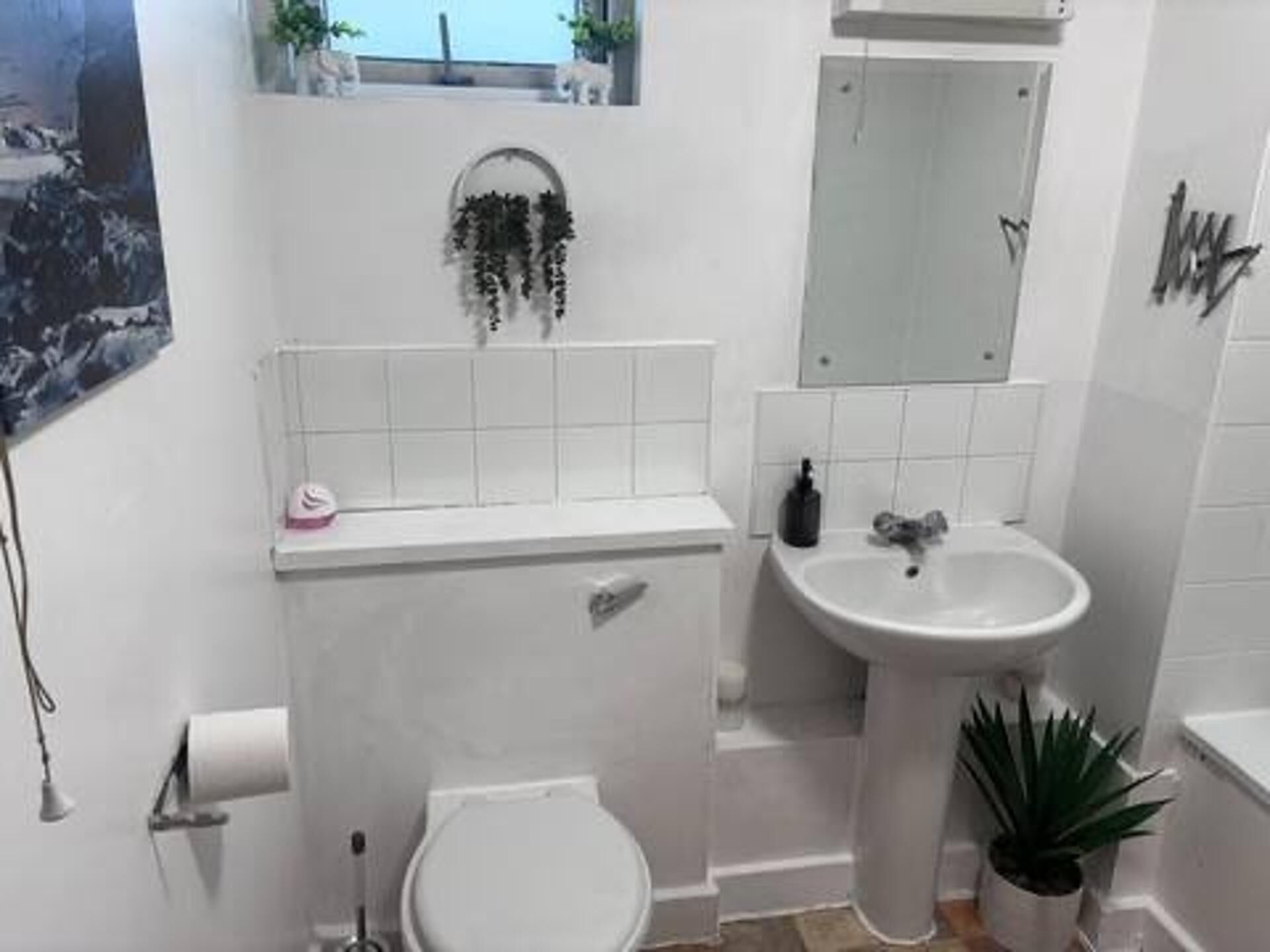 A bathroom with a toilet, sink, and a small window with plants.