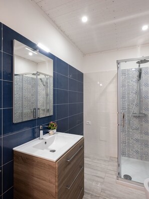 Hair dryer, towels, soap, toilet paper