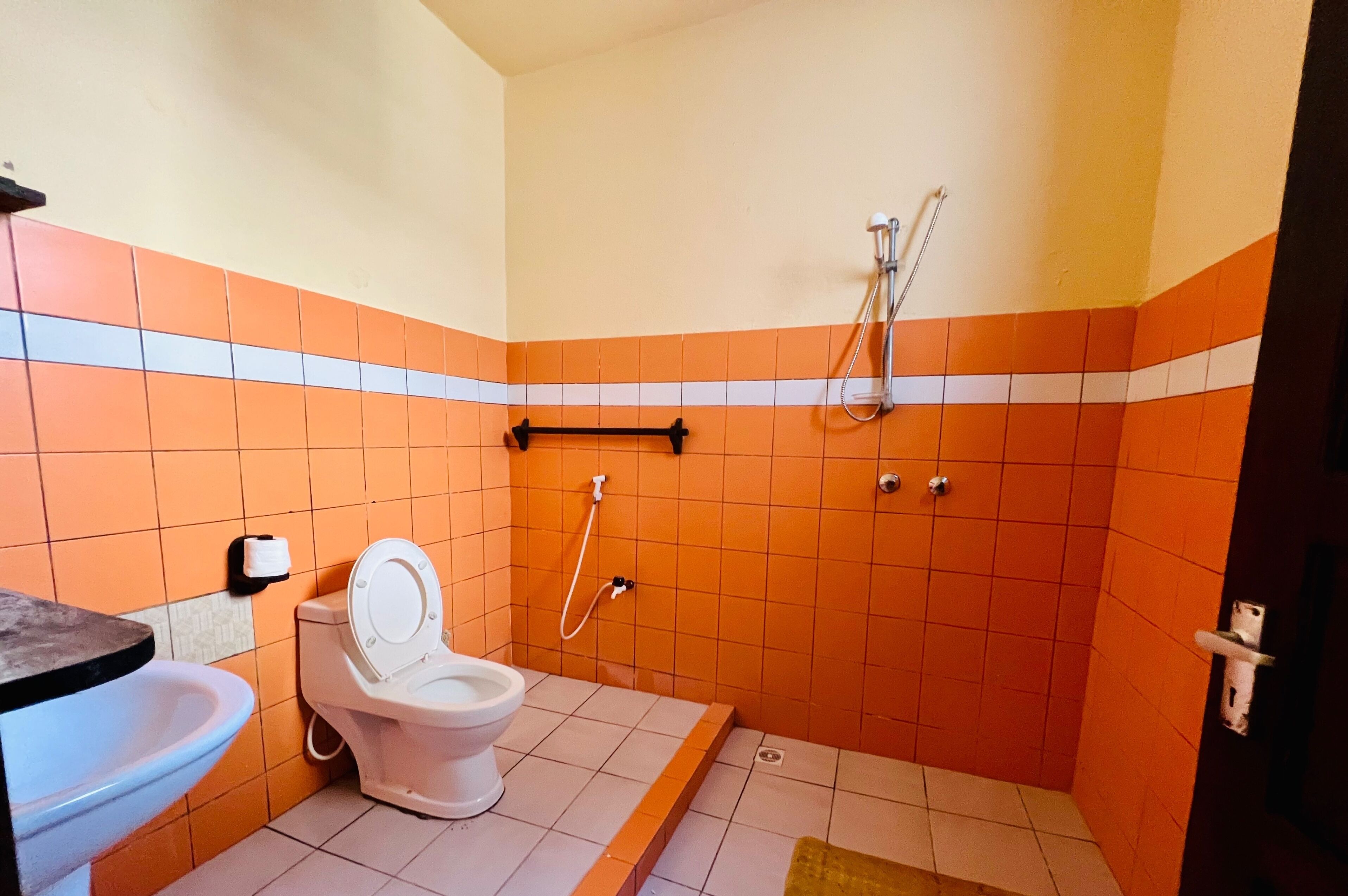 Et lille badeværelse med toilet, vask og brusebad.