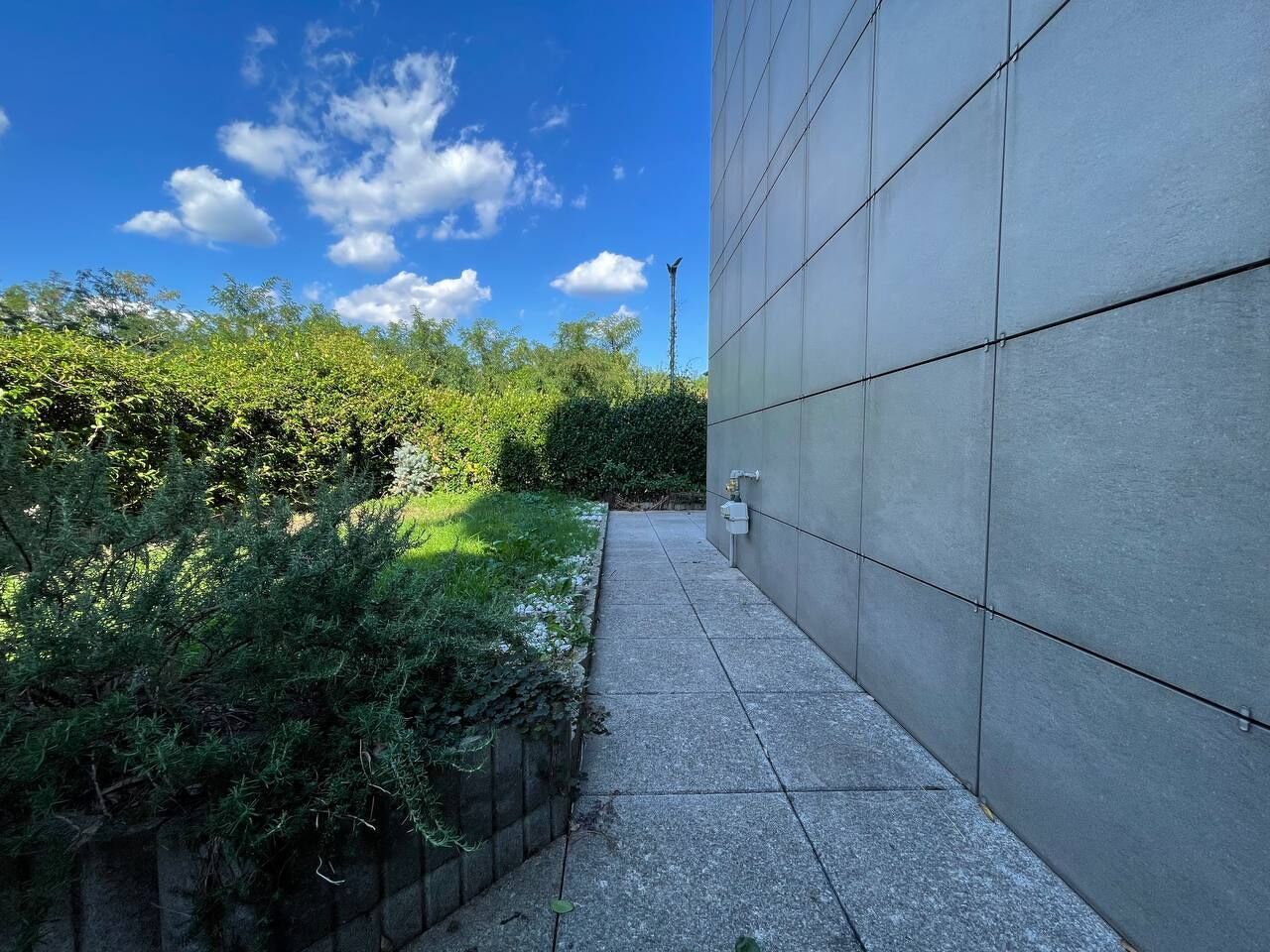 Un sendero al lado de un edificio moderno con fachada de concreto, bordeado por abundante vegetación y un cielo azul despejado.