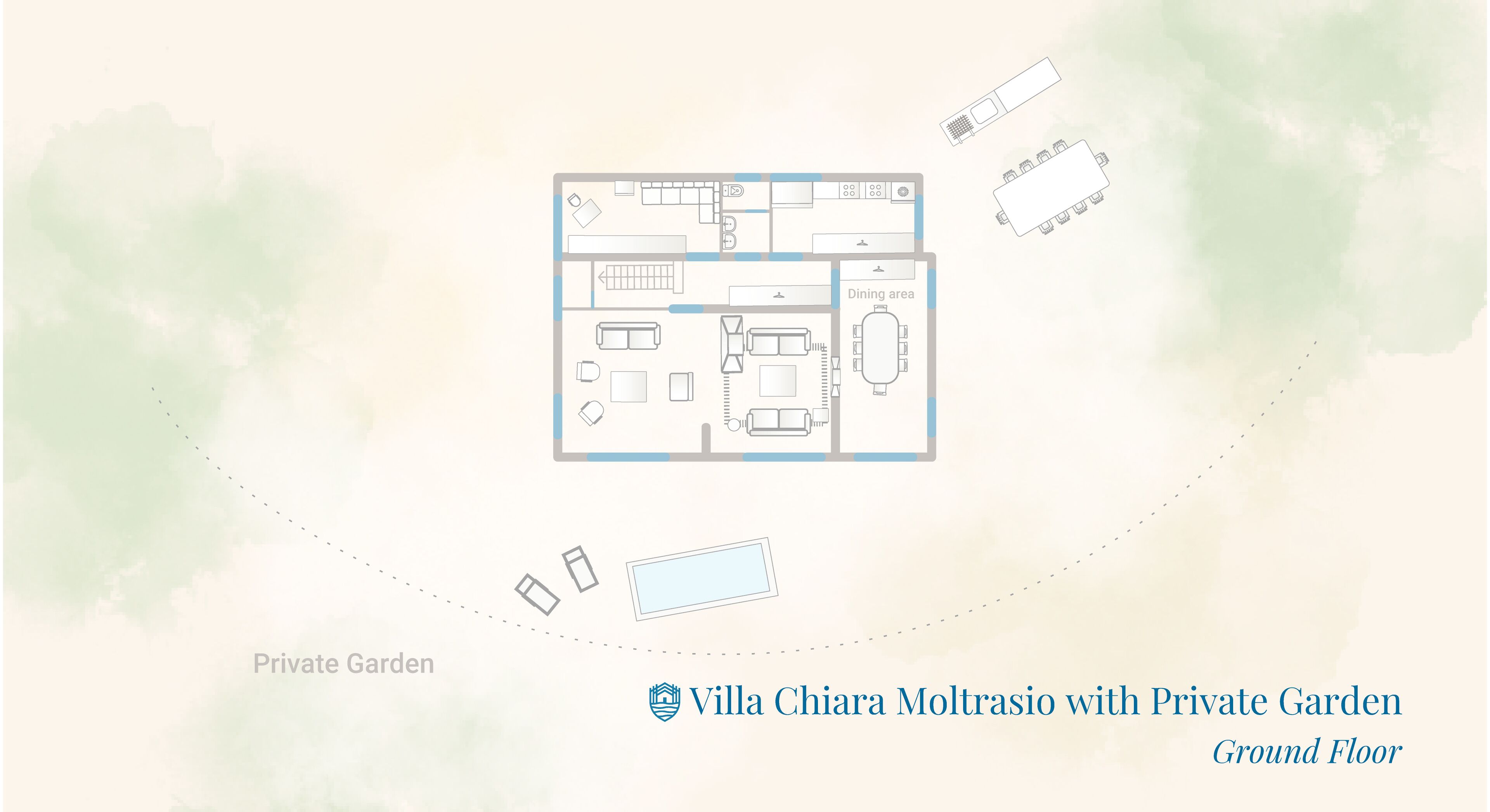 A floor plan of Villa Chiara Moltrasio with a private garden on the ground floor.