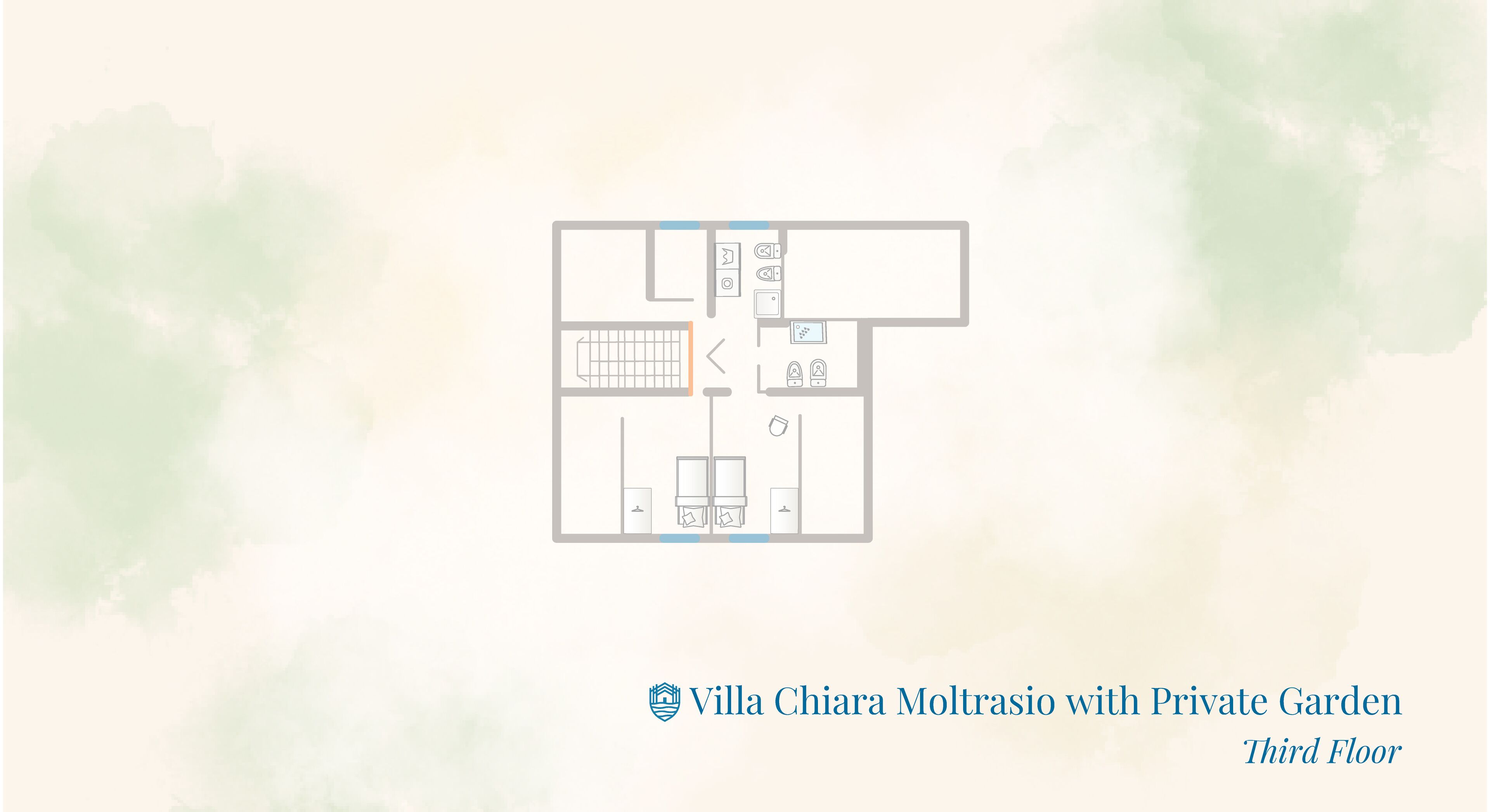 Ένα σχέδιο κάτοψης της Villa Chiara Moltrasio, που περιλαμβάνει έναν ιδιωτικό κήπο στον τρίτο όροφο, καθώς και μια κρεβατοκάμαρα, ένα μπάνιο και έναν μικρό χώρο καθιστικού.