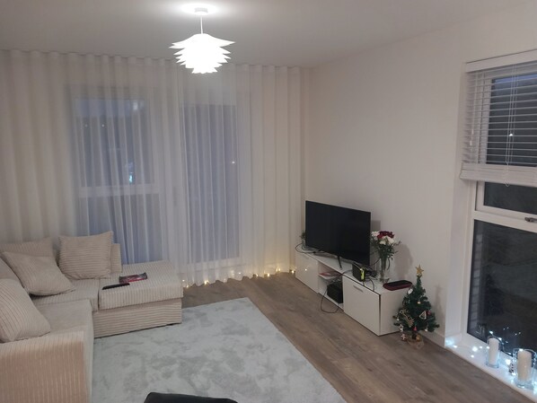 A living room with a sofa, TV, and a small Christmas tree.