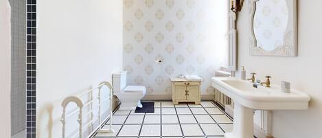 A bathroom with a toilet, a sink, and a mirror.