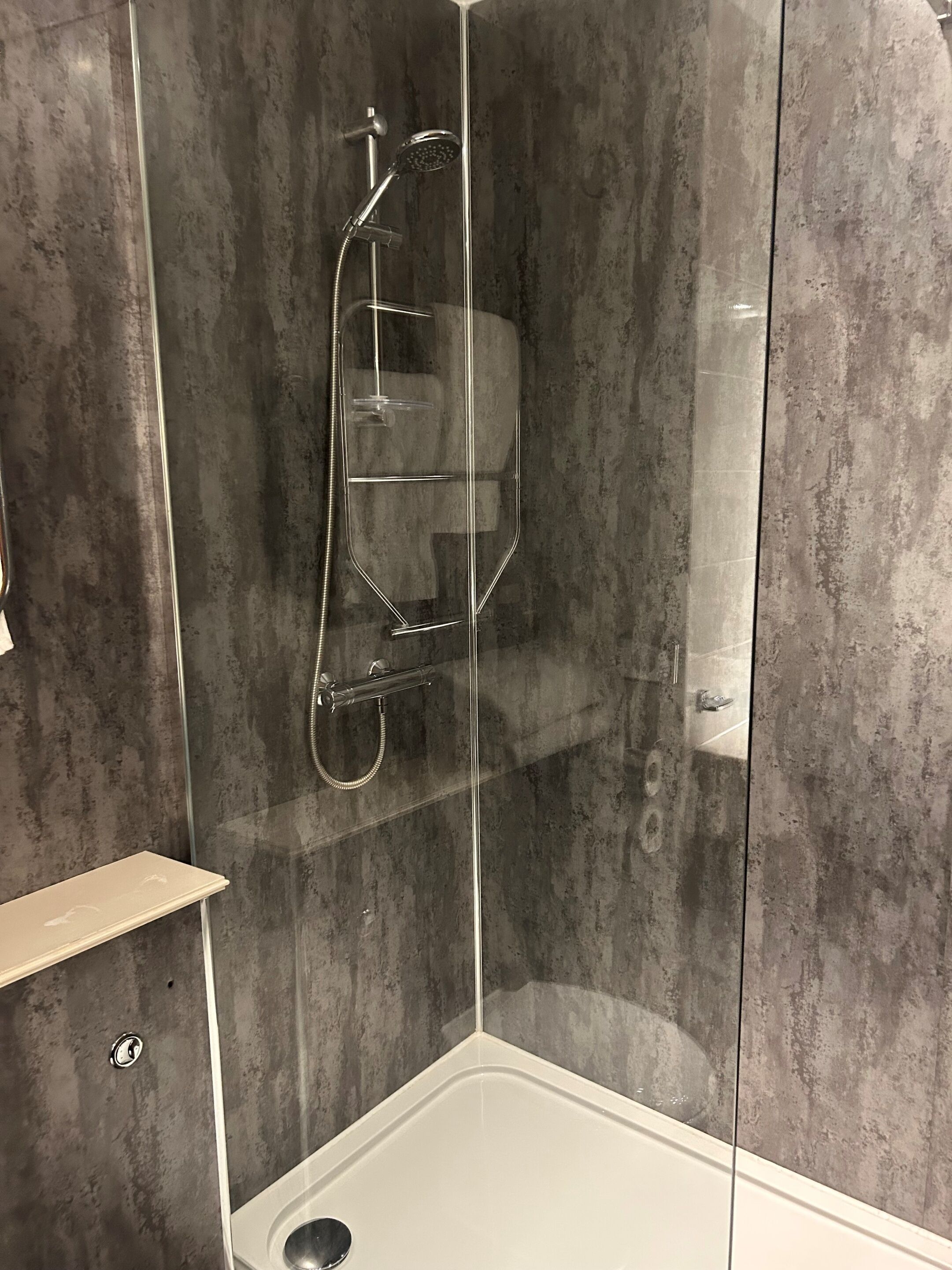 A modern shower enclosure with a glass door and a handheld showerhead.