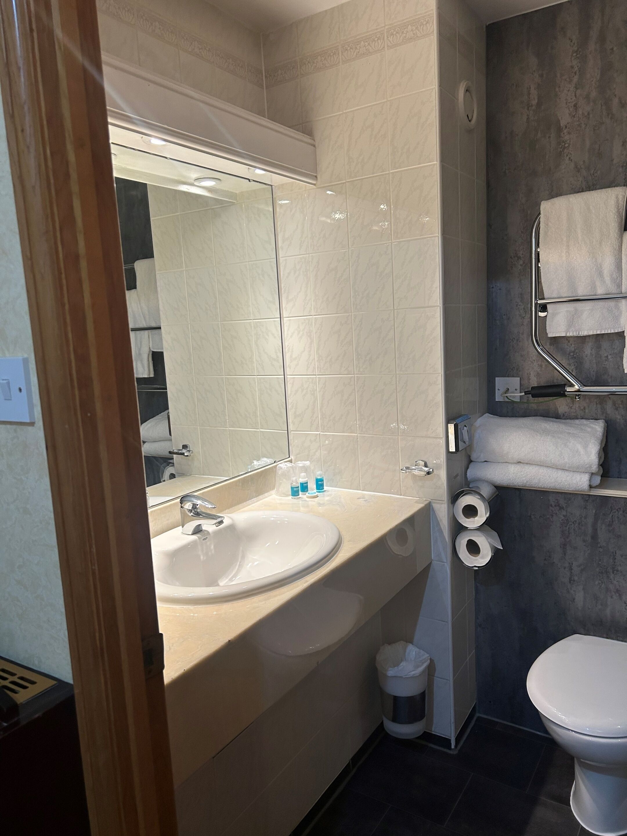 A modern bathroom with a sink, mirror, towel rack, and toilet.